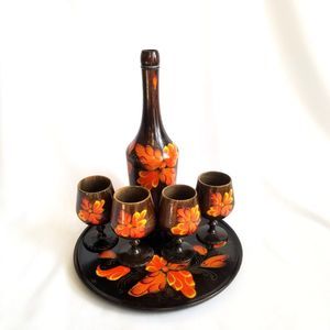 Vintage Mid Century Modern Hand Painted Floral Turned Wood Decanter Cordial Set
